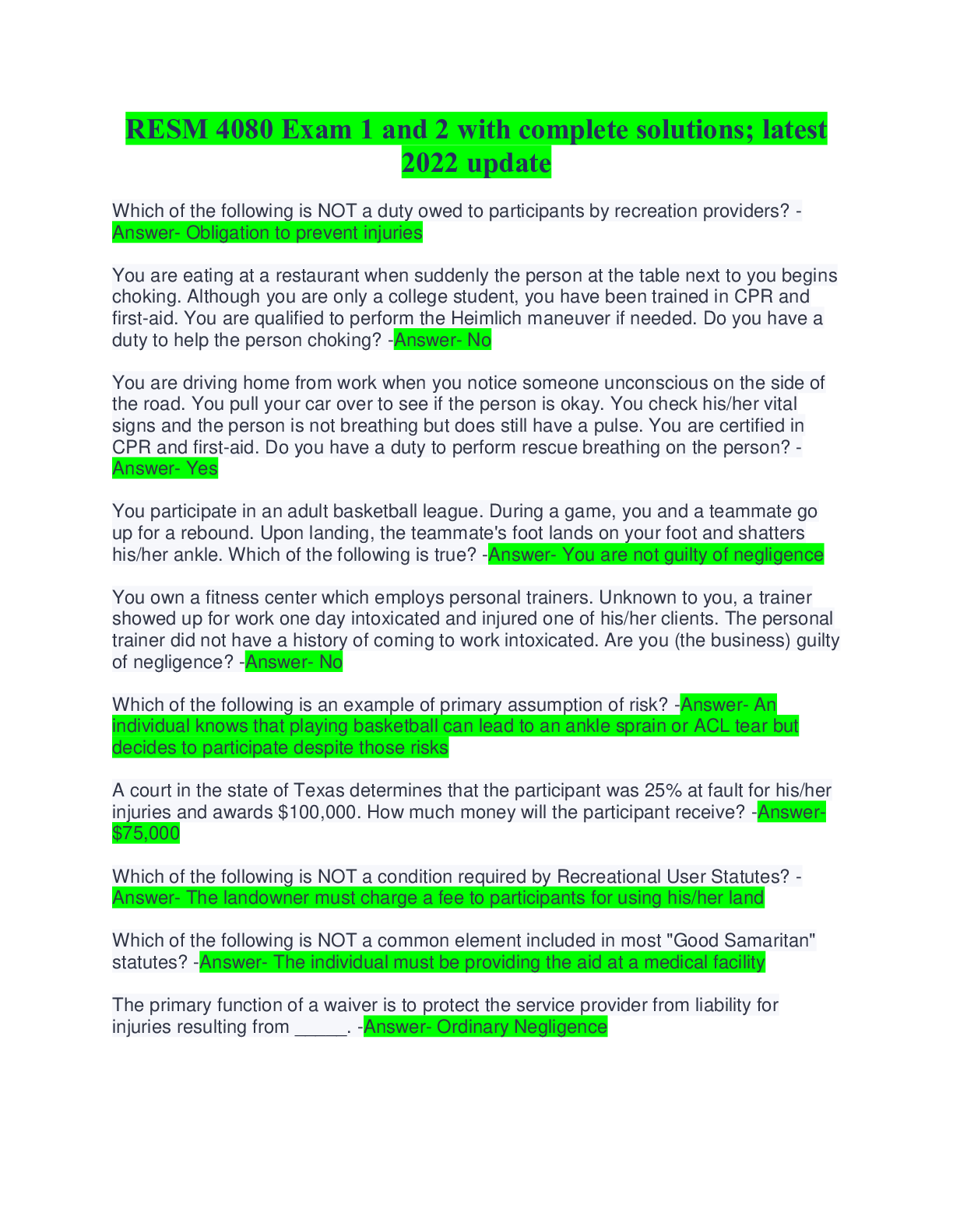 Preview image for RESM 4080 Exam 1 and 2 with complete solutions; latest 2022 update